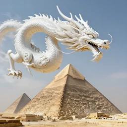 luxurious white chinese dragon hovering side of a cyberpunk egyptian pyramid, by greg rutkowski, james jean, peter mohrbacher, rule of thirds, sigma look, beautiful, intricate, majestic, award winning, octane render