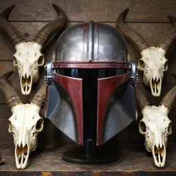 a mandalorian helmet from star wars inspired by sith imperial guard, a human skull, and a antelope skull