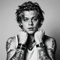 harry Quinn with tattoos, noir, black and white, highly detailed