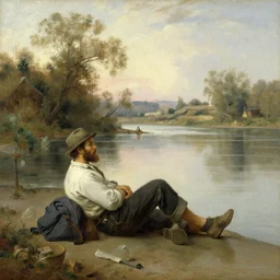 fisherman at the riverside, idyllic, relaxing, oil painting, continental school of art, 4 k, fine art, atelier