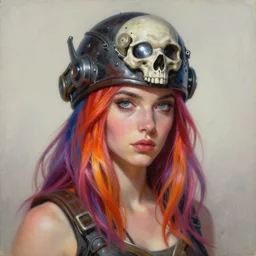 a portrait of a very beautiful woman as a space pirate, Alexandria\'s genesis, skull shaped space helmet prototype, iridium lens, shoulder-length balayage umbrage vibrantly colored hair, bored, illustration, soft lighting, soft details, painting oil on canvas by mark arian by artgerm, trending on artstation, 4k, 8k, HD