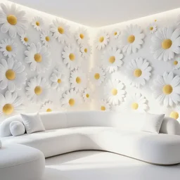 bright white zen livingroom with walls made of smooth daisies by zaha hadid, up close shot, sharp focus, global illumination, radiant light, irakli nadar, octane highly render, 4 k, ultra hd,