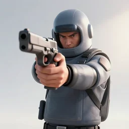 the imposter from the game Among Us aiming a pistol at the viewer, detailed, realistic, 8k, HDR, light source coming from the right side