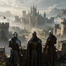 three medieval soldiers atop a castle wall looking over a vast medieval kingdom rule by an evil king. it is a quiet morning. mist, epic, grimdark, cinematic, volumetric lighting, fantasy style, highly - detailed, unreal 5, realism
