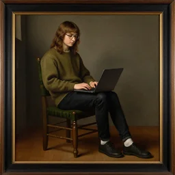 painting of a long haired teenager!!! with glasses sitting on a chair, clothed with an olive colored sweater and a black jean, with a laptop on his lap, full body, renaissance!!! painting!!!, ultra detailed, masterpiece, framed