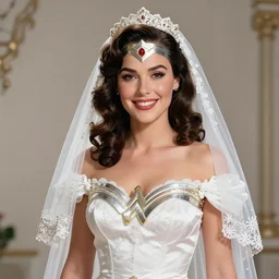 digital art, portrait of young Wonder Woman wearing a wedding kebaya, smiling, in the style of 1950s pinups by Warren Louw, realistic, ultra detailed, unreal engine, octane render, 8k resolution
