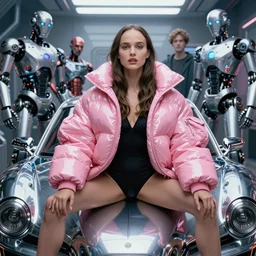 beautiful fantasy character portrait, natalie portman, wearing oversized plastic puffy pink bomber jacket and black leotard, seductive seated pose, futuristic chrome vehicle, ultra realistic, wide angle, dramatic lighting, robots, cyberpunk artifacts, highly detailed by boris vallejo, aaron horkey, paolo eleuteri serpieri, hajime sorayama, peter mohrbacher,,