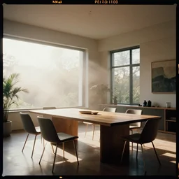 kodak portra 4 0 0 photographic and realistic, a modern room with large windows and a large table in the center, detailed, octane render, unreal engine, 4 k, artstation, hyper realistic, wide angle, 3 5 mm, sharp focus, warm light, volumetric light fog, in the style of gregory crewdson