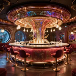 a beautiful intricate futuristic bar, 4 k, ultra - wide angle, elagant, highly detailed, photorealistic, octane render, 8 k, unreal engine, hd, trending on artstation, hyper detailed, intense colors