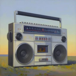 a curious and detailed painting of a house designed to look like a boombox by edward hopper, 8 k, behance award winner, gradient shading, inspirational architecture, rembrandt lighting, golden hour