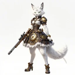 full body of anthropomorphic white lynx fursona wearing steampunk dress with clockworks and gears as a tall woman with white lynx head, tail, paws, wielding complex steampunk sniper rifle, by tanidareal, irakli nadar, muggur, intricate linework, unreal engine, trending on deviantart, furry art, furaffinity, backlight, white detailed fur, thin legs