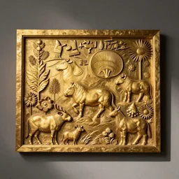 golden rod wood carved in relief, gold color with aboriginal motifs of northern Patagonia, animals and nature of the patagonian aboriginal by miguel ange