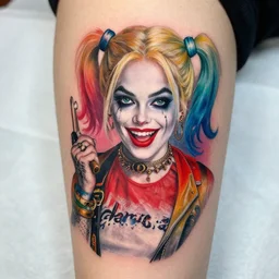 a tatoo depicting jennifer lawrence as harley quinn, photo