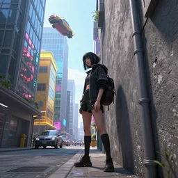 cyberpunk girl hiding in gray alley surrounded by colorful glass buildings, flying cars, goldeneye ratio, volumetric lighting, artstation,