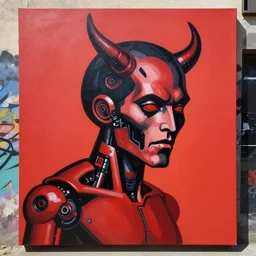 Andy Warhol potrait of a demon with black and red robotic parts, medium shot, asymmetrical, profile picture, Organic Painting, sunny day, Matte Painting, bold shapes, hard edges, street art, trending on artstation, by Huang Guangjian and Gil Elvgren and Sachin Teng