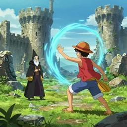 luffy in the harry potter universe far away at some ruins from a castle. a wizard is already there and summons a portal that would take me back home, reallife