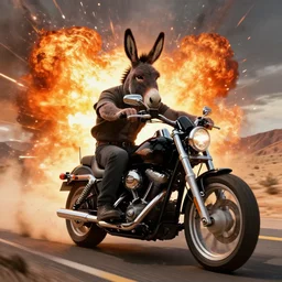 anthropomorphic donkey biker with human characteristics, riding a harley - davidson motorcycle, on a desert highway, digital art, epic composition, fantasy, explosion of color, orange and black, highly detailed, in the style of jake parker, in the style of conrad roset, in the style of ed roth, sharp focus