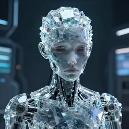 a portrai of a sad cyborg, made of crystal, handsome, wearing a glass, cyberpunk background, realistic