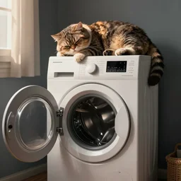 a washing machine is angry because it has a fat cat sleeping on top of it, digital art.