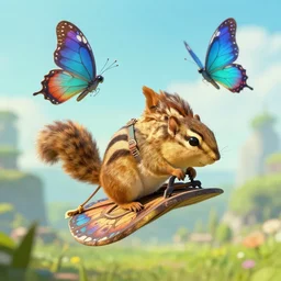a warrior chipmunk riding a flying butterfly in breath of the wild