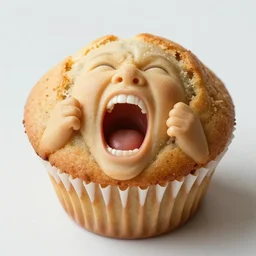 a muffin with a human face screaming and begging for it's life