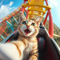 selfie of an excited cat riding a roller - coaster, wide angle, highly - detailed realistic