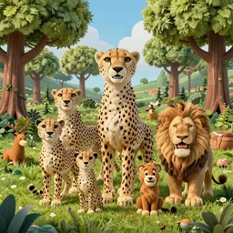 whole family of cheetah and lion in happy forest , huge scale, high detail, intricate by Axel Scheffler