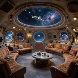 cozy starship quarters. interior design. porthole planet. ralph mcquarrie scenes. art by, keith parkinson, walter simonson, gerald brom, keith parkinson. wide angle r / cassettefuturism. cycles. r / retrobattlestations