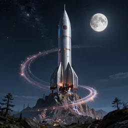 Really long organic david cronenberg rocket train spiraling towering mountain starry moonlit night sky, amazing digital art 4k
