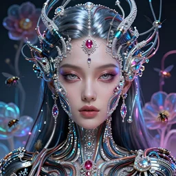 very beautiful woman integrating with technology, full face frontal centered, portrait, insipiring, detailed intricate ornate cables connected to head, big alien eyes, luxurious detailed abundent wiring and implants, diamonds, ruby, sci - fi, neon, glow, lucious shinny hair, detailed background with cyber flowers and insects, highly detailed, artstation, 8 k