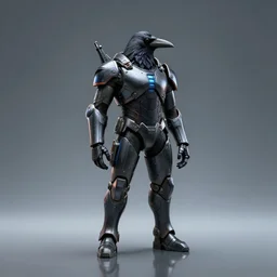 crow in cyber armour, portrait, digital art, studio photography, realistic reflections, ominous lighting