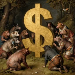 anthropomorphic animals worshipping a giant dollar sign, prostration, fear, devotion, by hieronymus bosch, ultra detailed, highly detailed, 8 k, trending on artstation, award - winning art,