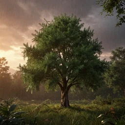an award winning photograph of a juniper tree in the woods at sunset during a rainstorm, unreal engine, octane render, lumion, architectural, concept art, hyper detailed, perfection, dramatic lighting