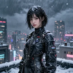 portrait futuristic cute cyberpunk young female Alchemist, in futuristic stormy heavy snowy thunder flashing tokyo rooftop cyberpunk night, ssci-fi, fantasy, intricate, very very beautiful, elegant, neon light, highly detailed, digital painting, artstation, concept art, soft light, hdri, smooth, sharp focus, illustration, art by tian zi and craig mullins and WLOP and alphonse mucha
