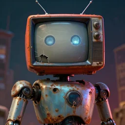 a robot with a ( ( ( ( ( broken ) ) ) ) ) old tv head, detailed, rusty,,, concept art, matte painting, trending artstation, octane render, vivid cinematic lightning, ( apocalyptic ) 8 k