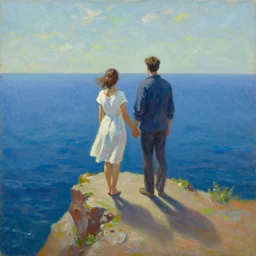 a man and woman holding hands, standing on the edge of a cliff, over - looking the ocean. palette knife oil painting on canvas by leonid afremov.