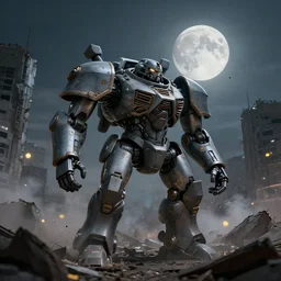 a very big grey giant mechanical weapons battle armor mechwarrior in the middle of war - torn battlefield of a crumbling city, dim sky, very big moon, some smoke, a little bit yellow lights, smooth, sharp focus, superior quality, 8 k, cinematic lighting, octane render, wide angle, by bilibin, kuvshinov, malevich and mucha