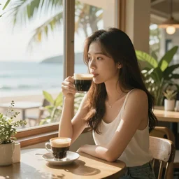 a thin, pretty young Filipino woman with long hair sits near the window of a cute seaside Cafe drinking an espresso, golden dramatic morning light, cozy, tropical plants, beautiful anime style art, trending on artstation