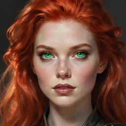 Redhead alien human beautiful hybrid feminine woman with stunning green eyes and a roundish nose as a futuristic heroine, gorgeous digital painting, artstation, concept art, smooth, sharp focus, illustration, art by artgerm and donato giancola and Joseph Christian Leyendecker, Ross Tran, WLOP