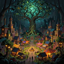 festival in a town, bazar, yggdrasil growing in a dark forest, ancient city, colorfully, dark mood, detailed illustration, dark climate, digital art, highly saturated colors, overdetailed art, concept art, detailed illustration, hd, 4 k, digital art, greg, dan mumford, rutkowski, wlop, trending on artstation