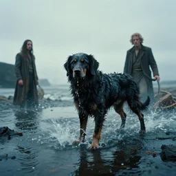 the dog creature, water caustics, film still from the movie directed by denis villeneuve and david cronenberg with art direction by h. r. giger and salvador dali, wide lens