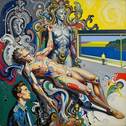decollage painting stillness in the motion by adrian ghenie and takato yamamoto and edward hopper and mark ryden and tsutomu nihei, part by bridget riley, acrylic pour and splashing paint, very coherent, baroque elements, perfect anatomy, intricate design. pop art.