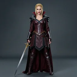full body photo of karen gillan as a vampire warrior with weapons