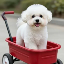 a photorealistic photograph of a smiling white Bichon Frisé puppy riding in a red wagon overflowing with french fries during sunset at the beach Trending on Artstation, featured on Behance, well-rendered, Unreal Engine, 4K HD