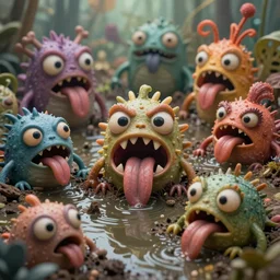 of an intricate murky pond with strange cute friendly angry vivid creatures with huge eyes long tongue triangle teeth and scary face appearing from the dirt water, in the style of craola, macro lens, shallow depth of field, highly detailed, digital painting, trending artstation, concept art, illustration, cinematic lighting, vibrant colors, photorealism, epic, octane render