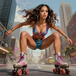 gorgeous!! hyper - realistic giant woman resembling ana de armas as bulma on roller skates destroying a city | drawn by artgerm, drawn by wlop, drawn by jeehyung lee | intricate, high detail, ultra graphics, photorealistic