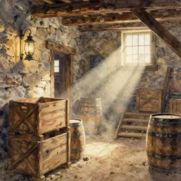 watercolor painting of gold rush mine, wooden crates, barrels, stone walls, lantern, very beautiful ambient lighting, sun rays, dust, art by anders zorn, wonderful masterpiece by greg rutkowski, cinematic light, american romanticism by greg manchess, creation by tyler edlin