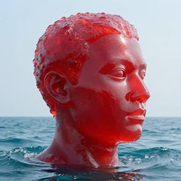a giant human head sculpture in the sea made out of juicy and transparent red jelly, long shot, hyper detailed, hyper realistic, ray tracing, 8 k resolution, sharp focus, realistic water, award winning