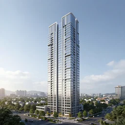 a neofuturistic residential skyscraper rising above a suburb