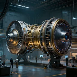 closeup of a highly futuristic warp engine of a spacecraft in a massive modern hangar with engineers working, cyberpunk, moody, luminescent, rule of thirds, golden ratio, ambient lighting, syd mead, greg rutkowski, wlop, artgerm, artstation, highly detailed masterpiece